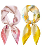SRKSPYFD 2Pcs Scarf for Women Stylish, Square Lightweight Satin‑Feel Hair Scarf, Yellow and Pink Floral Print Polyester Neckerchief for Women, Headscarf for Hair Wrap, Purse & Neck