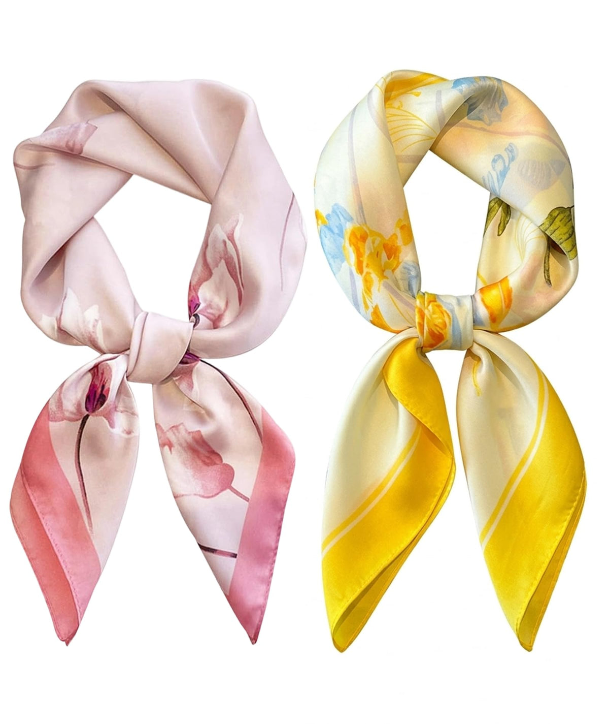 SRKSPYFD 2Pcs Scarf for Women Stylish, Square Lightweight Satin‑Feel Hair Scarf, Yellow and Pink Floral Print Polyester Neckerchief for Women, Headscarf for Hair Wrap, Purse & Neck