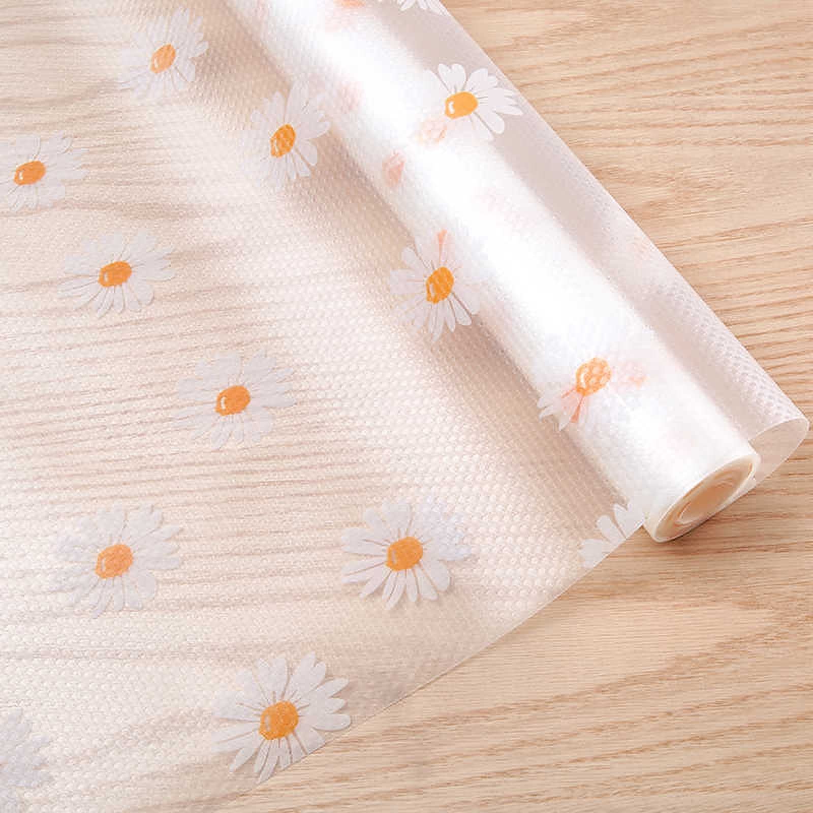 Wolpin Anti Slip Floral Shelf Mat Liner (45 x 300 CM) | EVA Kitchen Cabinet Drawer Fridge Bathroom Mat Waterproof Textured Multipurpose Liner Transparent White Daisy Roll Kafalo