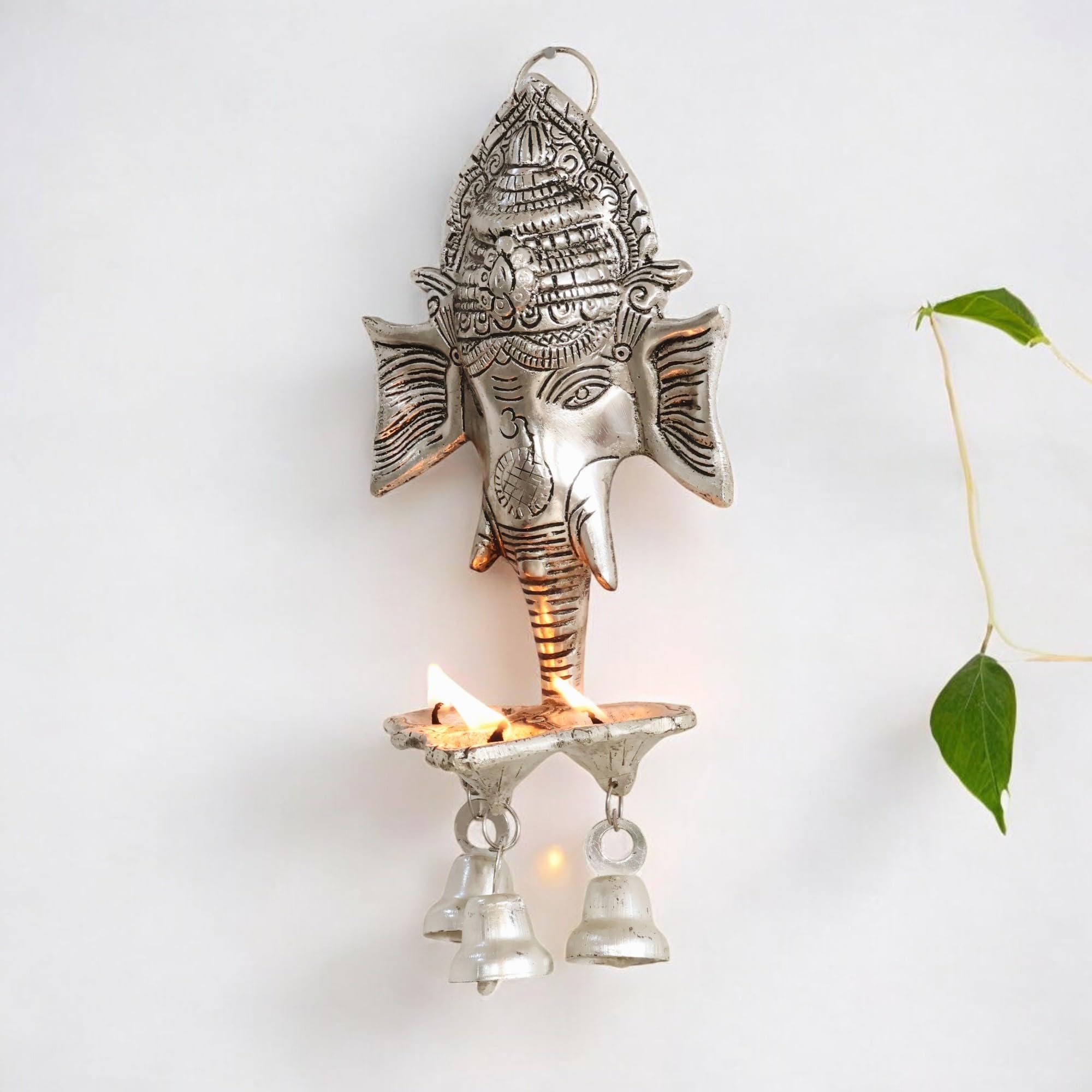 KridayKraft Aluminium Antique Look Statue/Idol Ganesh Wall Hanging with Diya's and Bells,Weight - 180 GMS