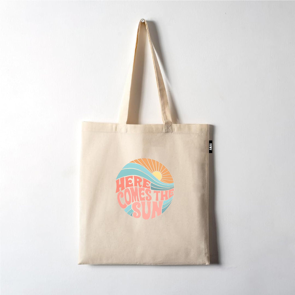 VVWV Here Comes The Sun Printed Reusable Tote Bags | 100% Organic Cotton Shopping/Grocery Bag | Multi-Purpose Bag | Sturdy Canvas Bag with 15kgs Capacity (13 x 15.7 Inch)