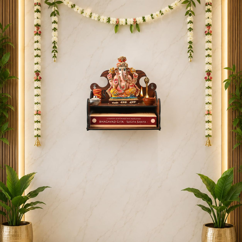 Gift Kya De Wooden Small Mandir for Home | Shubh Labh with Kalash Carving & Utility Shelf | Small Pooja Temple for Table, Wall, or Shelf | DIY Wooden Pooja Mandir | 8x8x8.5 Inch