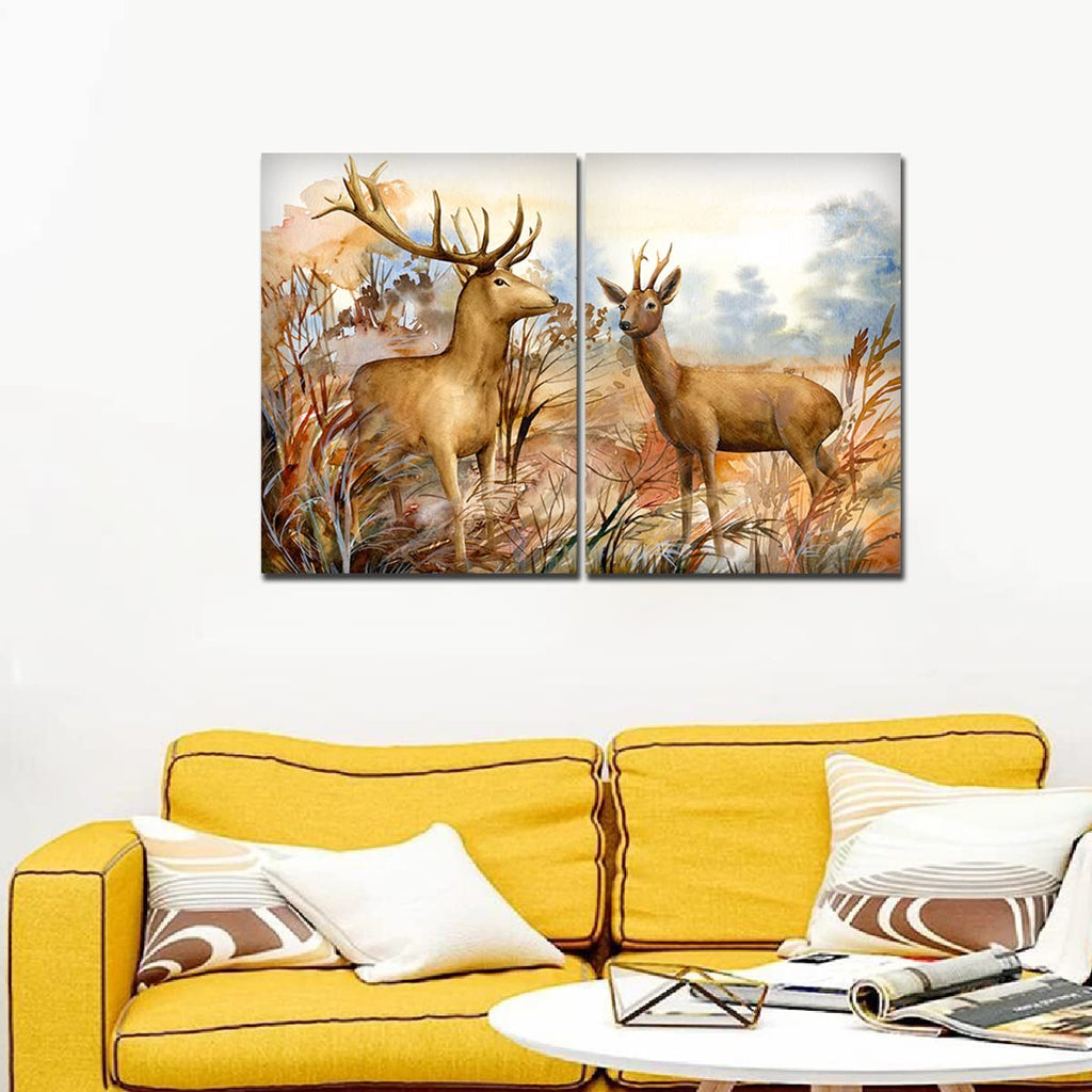 VIBECRAFTS 2 Pieces Beautiful Deer In The Forest Canvas Wall Painting Fitted With Wooden Frame For Home | Office | Living Room | Gifts(PTVC2Pcs1_17506)