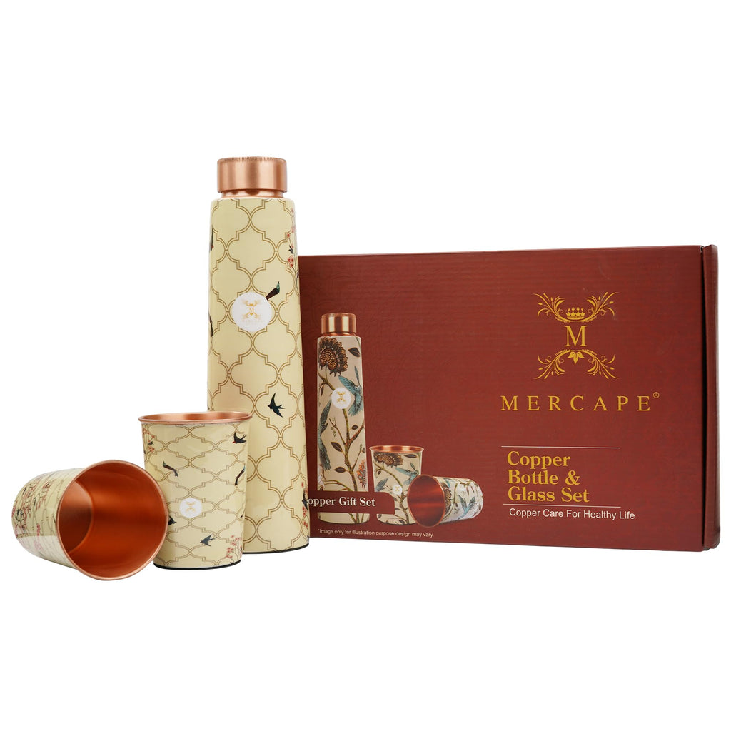 MERCAPE® Pure Copper Water Bottle Gift Set with 2 Copper Glasses (300 ml Each) | Decorative Printed Design | Leak Resistant Screw Cap | Reusable Copper Drinkware Set | 900 ml