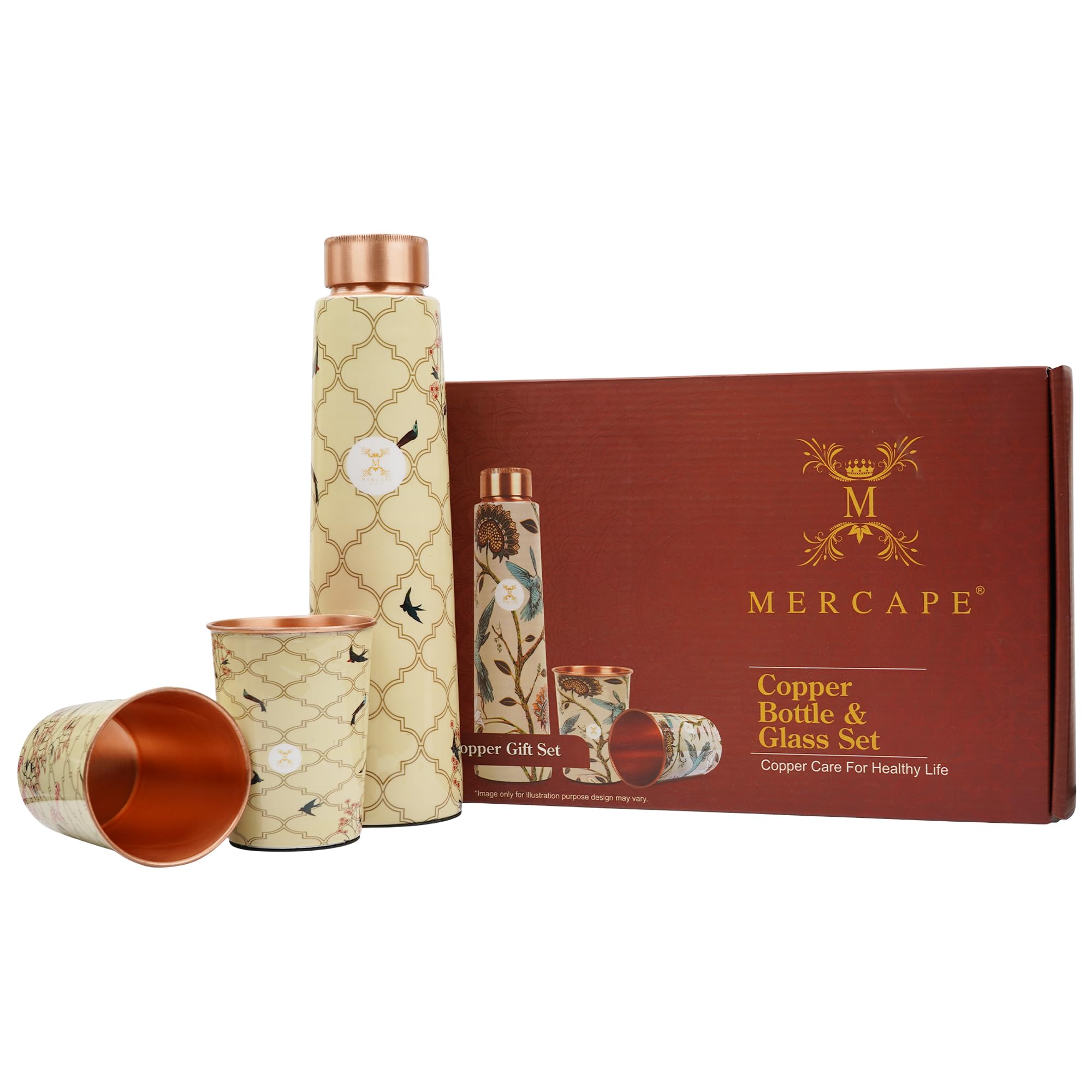MERCAPE® Pure Copper Water Bottle Gift Set with 2 Copper Glasses (300 ml Each) | Decorative Printed Design | Leak Resistant Screw Cap | Reusable Copper Drinkware Set | 900 ml