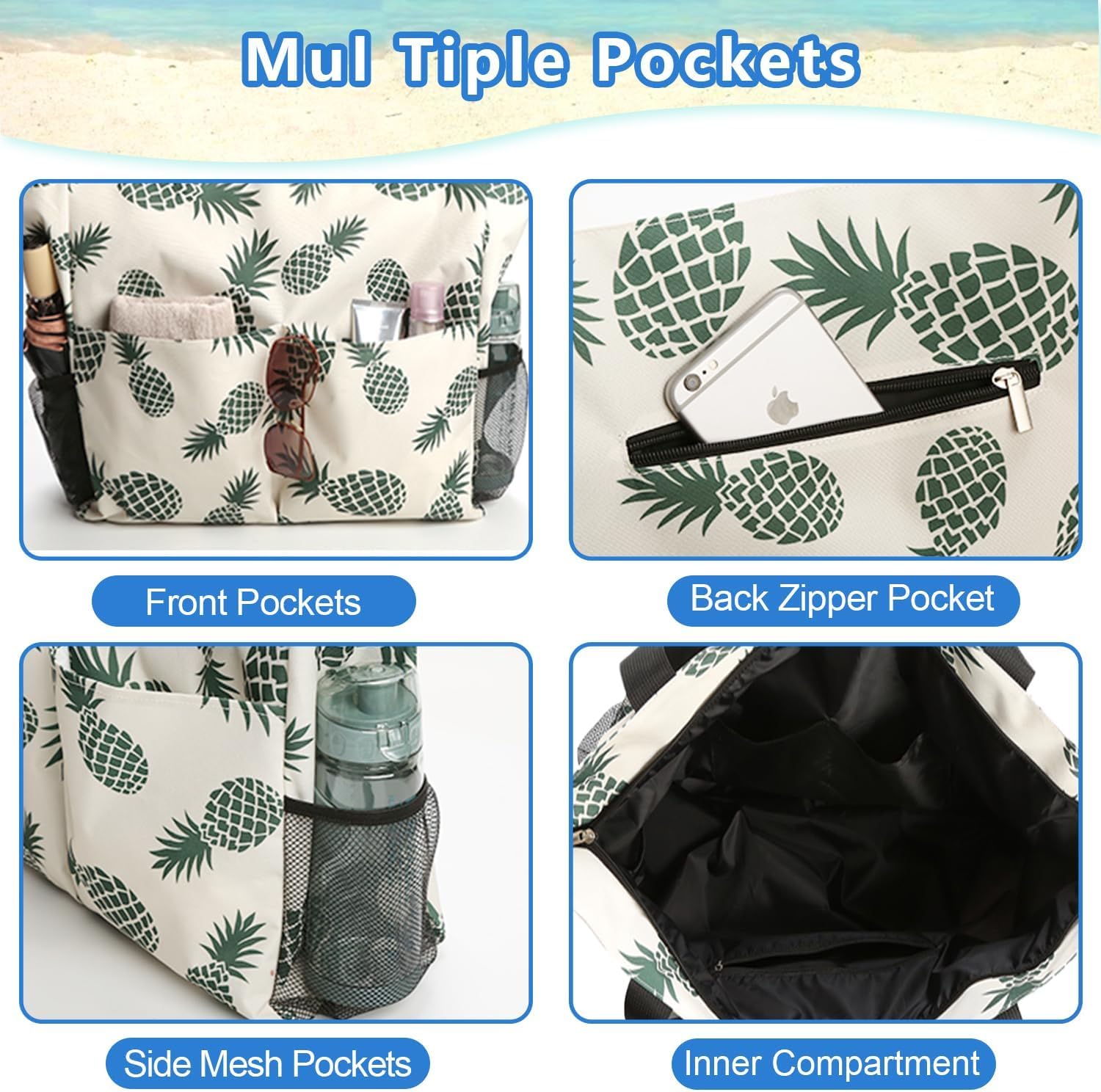 hirTa Roof Tote Bag for Teacher Women Girls Office Work Multipurpose HandBag with Zipper Pocket Travel Grocery Beach Hobo Waterproof Sandproof Lightweight Pool (Green Pineapple)