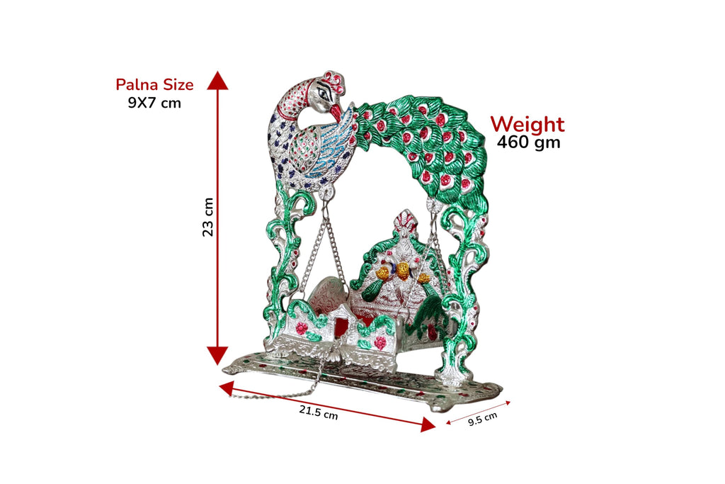 KridayKraft Silver Plated & Multicolour Peacock Design Jhula for Laddu Gopal | Decorative Metal Palna for Home Temple & Janmashtami Puja (23 x 21.5 cm, 460 g)