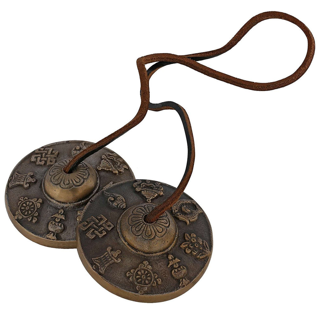 Artvarko Brass Tibetan Hand Manjira with Leather Chords Antique Finish 3