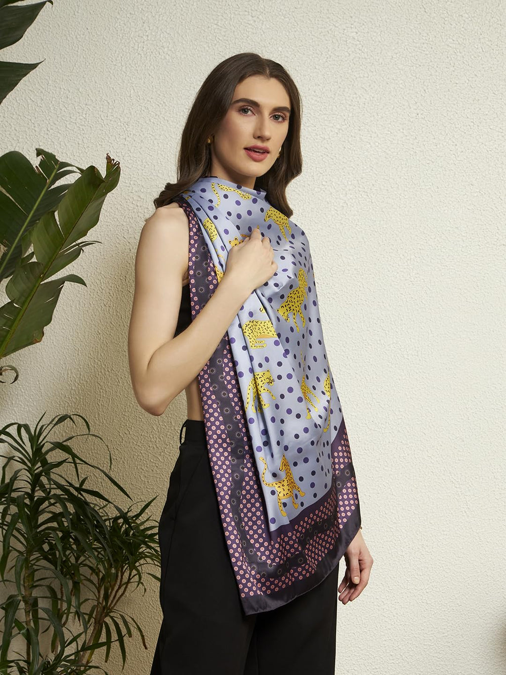 Ravaiyaa - Attitude is everything Women Silk Digital Print Large Square Scarf Breathable Lightweight Neckerchief Printed Headscarf 40 x 40 Inch (Grey Leopard & Polka Dot)