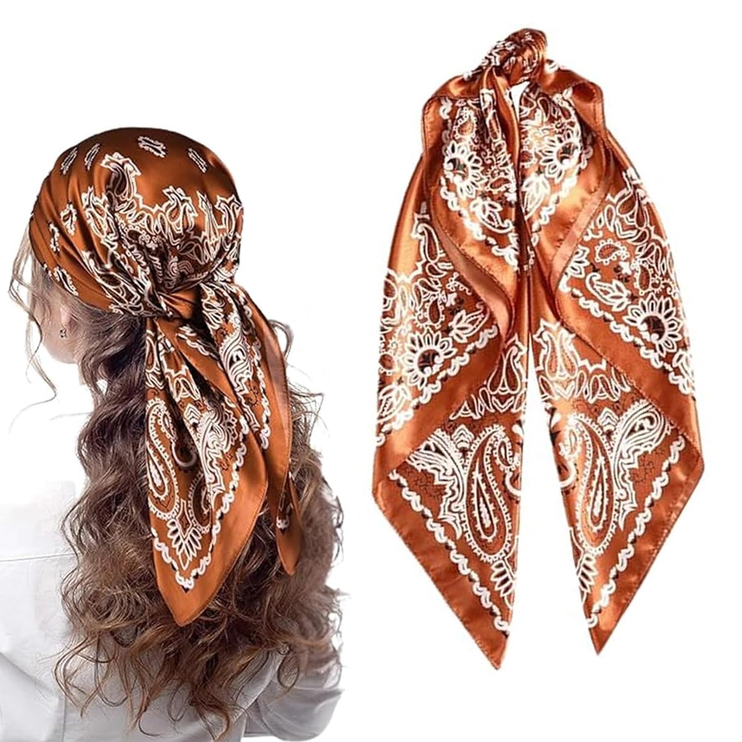 Ahamo Silk Square Scarf for Women 90 x 90 cm Coffee Paisley Print Satin Scarf Hair Scarf for Women Fashion Bandana Head Scarf Neck Scarf Stylish Accessories for Travel Party Daily Wear