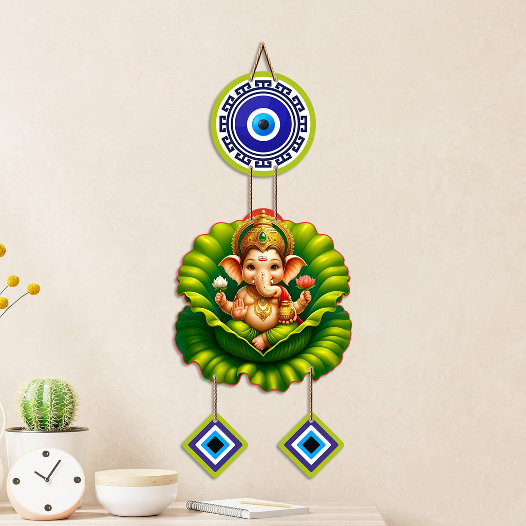 Artvibes Bal Ganesh on Lotus Leaf Evil Eye Wall Hanging for Home Decor | Nazar Protection Hanging for Entrance Living Room Temple Office | Vastu Blessings Positive Energy Decorative Gift (WH_8569N)
