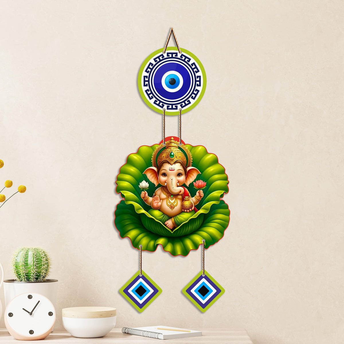 Artvibes Bal Ganesh on Lotus Leaf Evil Eye Wall Hanging for Home Decor | Nazar Protection Hanging for Entrance Living Room Temple Office | Vastu Blessings Positive Energy Decorative Gift (WH_8569N)