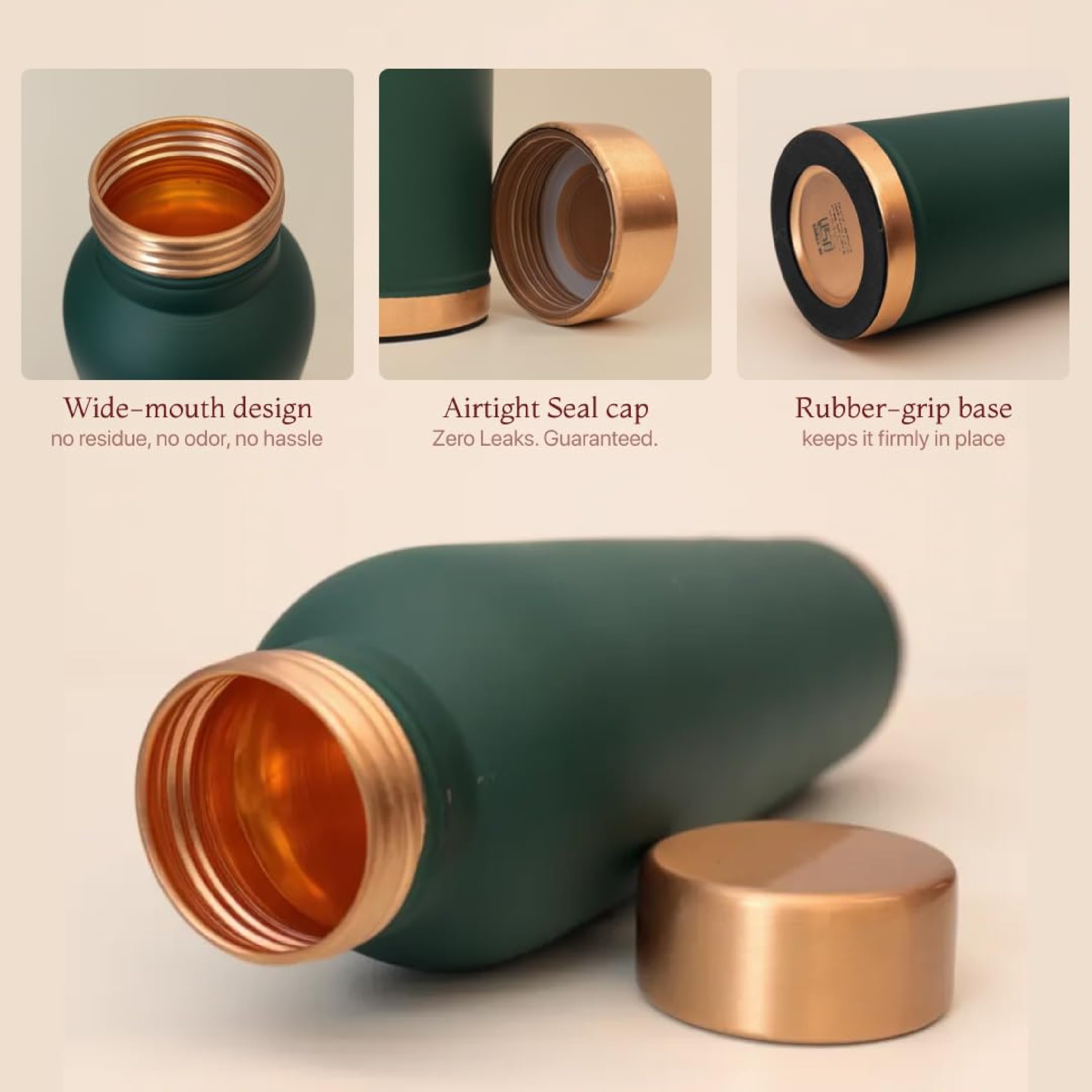KasaCore Premium Copper Water Bottle 750 ml 99% Pure Copper | Leakproof Bottle with Matte Black Finish for Office Gym Travel Daily Use (Green)