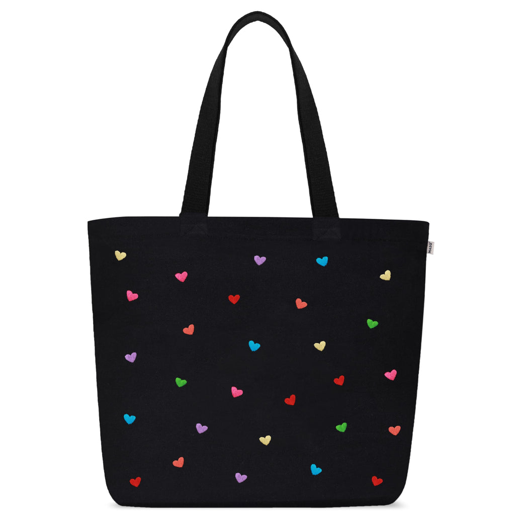 MASQ by Q-One Cute Genes Foldable Reusable Tote Bag for Women with Zip | College Bag for Girls | 100% Organic Canvas Tote for Shopping, Travel & Beach | (Heart Black)