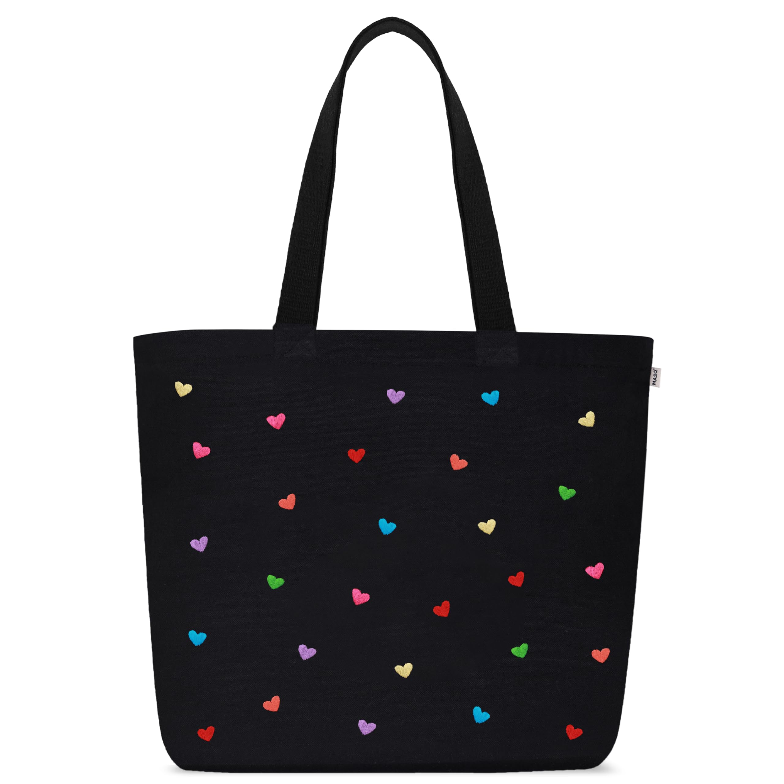 MASQ by Q-One Cute Genes Foldable Reusable Tote Bag for Women with Zip | College Bag for Girls | 100% Organic Canvas Tote for Shopping, Travel & Beach | (Heart Black)