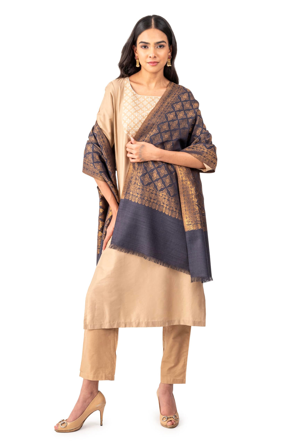 Naureen Women Pashmina Blend Stole with Zari, Warm and Soft, 28x80 inch