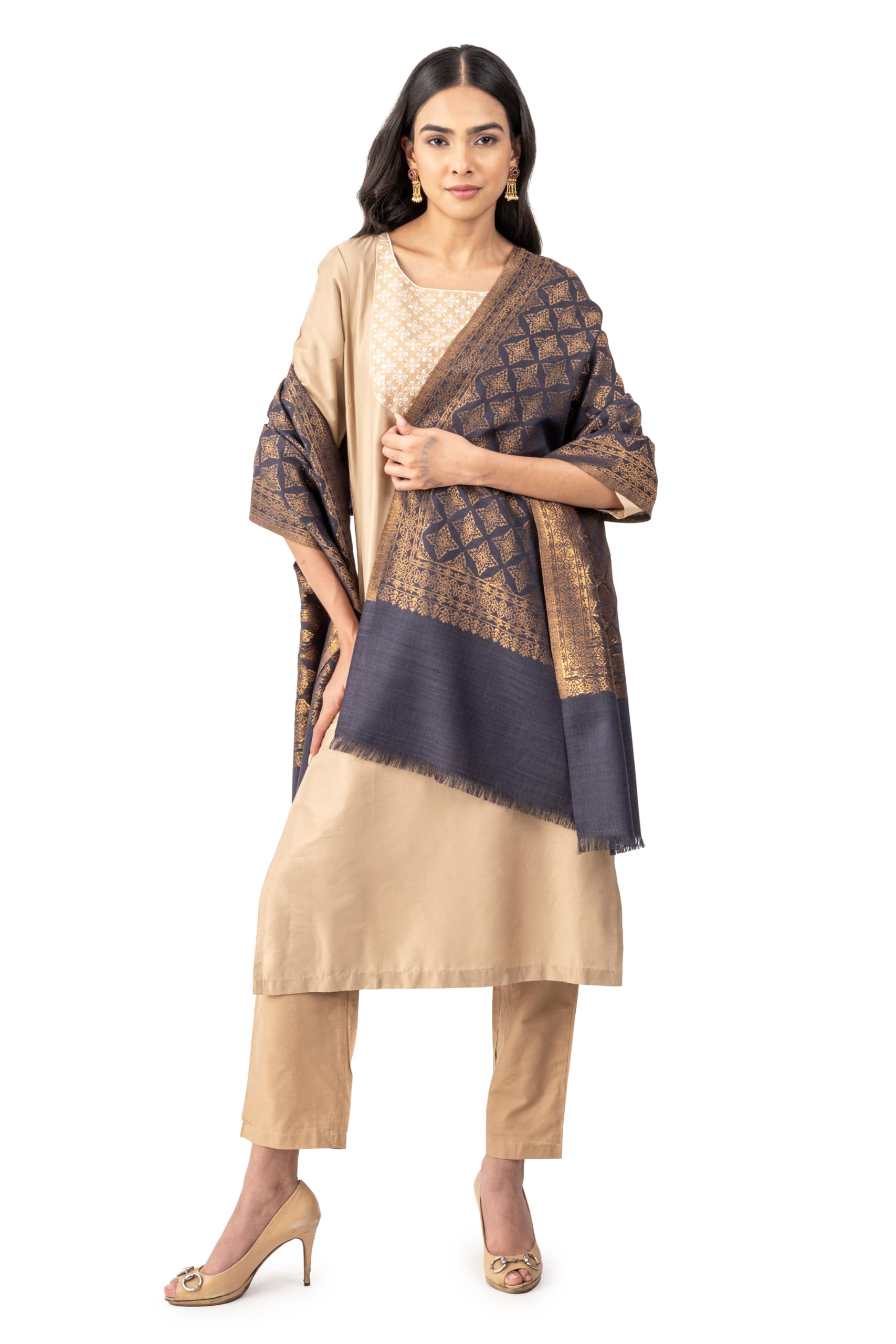 Naureen Women Pashmina Blend Stole with Zari, Warm and Soft, 28x80 inch