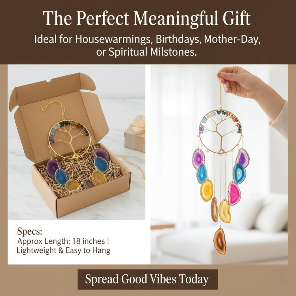 7 Chakra Crystal Stone Wind Chime – Tree of Life Decor with Natural Agate Slices, Healing Stones for Meditation & Protection, Feng Shui Hanging Ornament for Balcony, Bedroom, Office, & Gifts