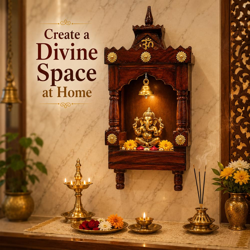 Panchmukhi Solid Sheesham Wood Temple for Home | Handcrafted Wooden Pooja Mandir with Hanging Bell & Om Design | Premium Brown Finish Mandir for Puja Room | 13x6x7 Inch (LWH)