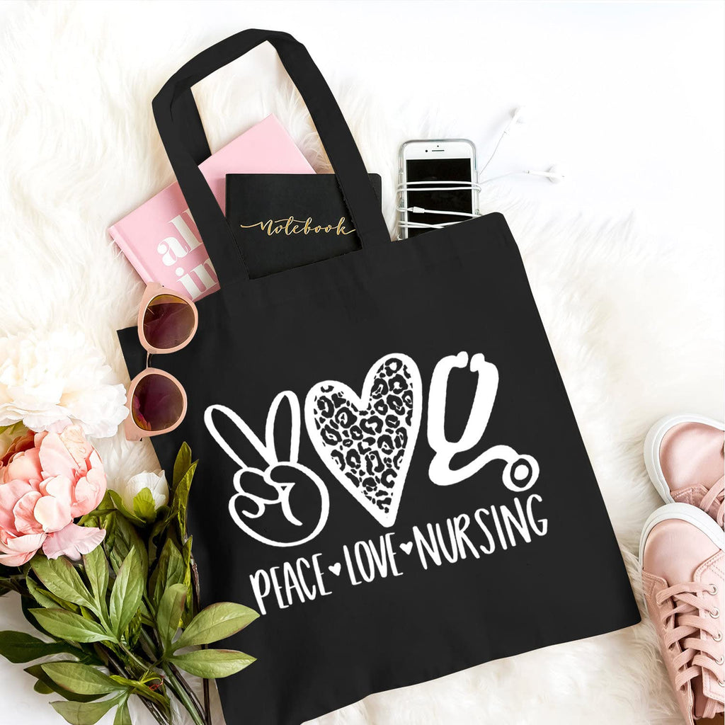 TSIIUO Peace Love Nursing Stethoscope Reusable Cotton Canvas Tote Bags for Women Funny Nurse Life Grocery Shopping Bag, Black, 15.8 x 13.5 inches