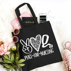 TSIIUO Peace Love Nursing Stethoscope Reusable Cotton Canvas Tote Bags for Women Funny Nurse Life Grocery Shopping Bag, Black, 15.8 x 13.5 inches