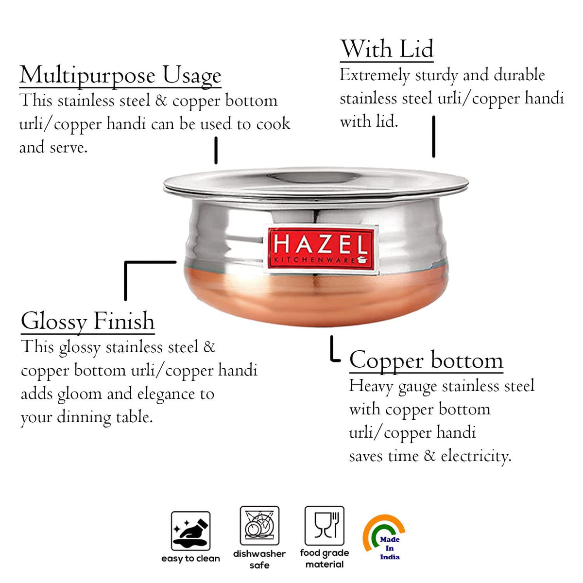HAZEL Copper Bottom Uruli with Lid | Urli Vessel Cooking Stainless Steel | Serving Tope Handi | Kitchen Items for Home Cooking, 1300 ML