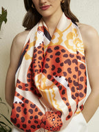 Ravaiyaa - Attitude is everything Women Silk Digital Print Large Square Scarf Breathable Lightweight Neckerchief Printed Headscarf 40 x 40 Inch (Beige & Orange Leopard)