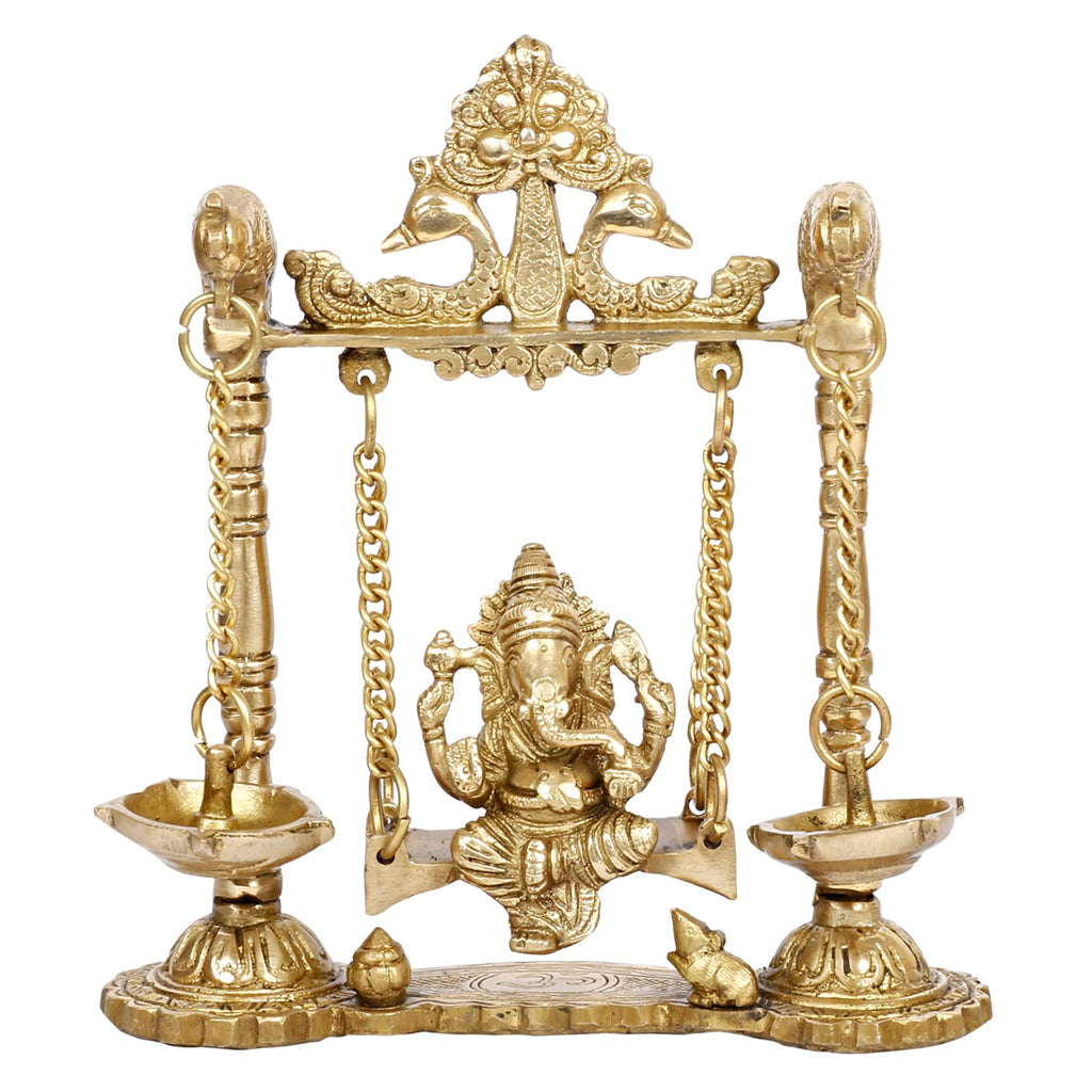 SVARUP Brass Ganesha On Jhoola Swing with Hanging Diya Showpiece, Beautiful Handcrafted Brass Ganesh Statue 9 Inch