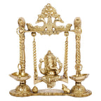 SVARUP Brass Ganesha On Jhoola Swing with Hanging Diya Showpiece, Beautiful Handcrafted Brass Ganesh Statue 9 Inch