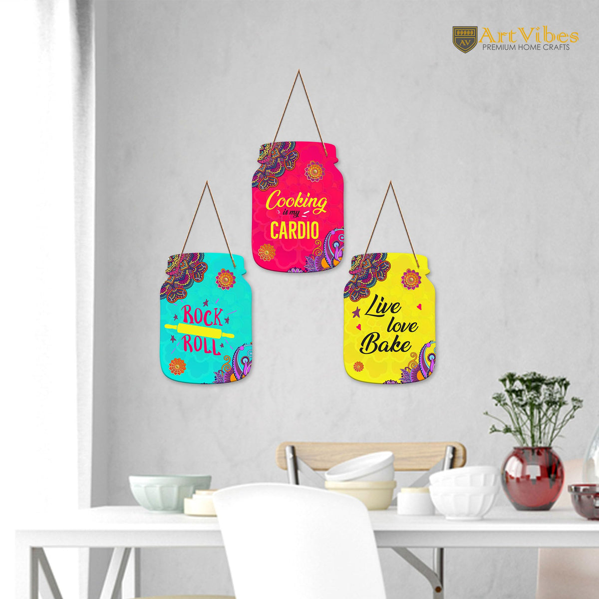Artvibes Live Love Bake Quote Kitchen Wall Decoration Items for Kitchen | Cafe | Restaurant | Quotes Decor Item | Printed Wall Decoration | Kitchen Quotes Decor Item | Wall Poster (WH_8914N), Set of 3