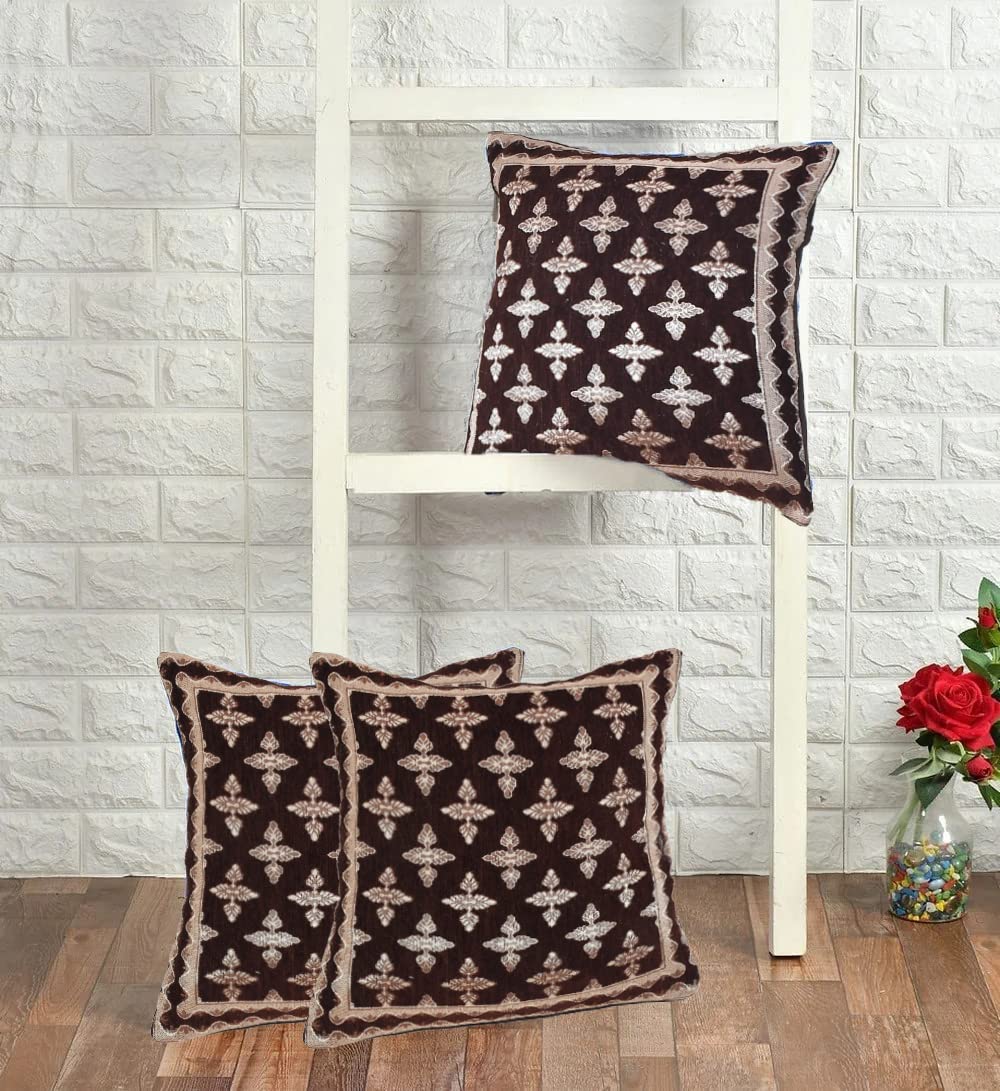 DECOMIZER Jacquard Geomteric Cushion Covers 24 inch x 24 inch Set of 3 Ethnic Motifs Cushion Covers,Design- Plus,Color- Coffee