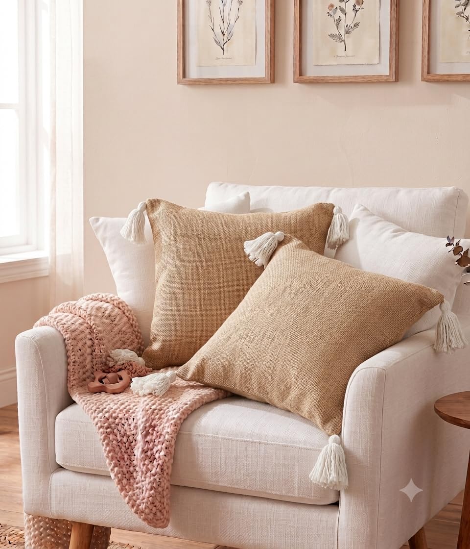 Furnistitchs Solid Boho Cushion Cover 16x16 Inches, Premium Natural Slub Fabric Throw Pillow Case with Tassels for Sofa, Couch, Living Room & Bedroom 40x40 cms, 1 pc - Oatmeal