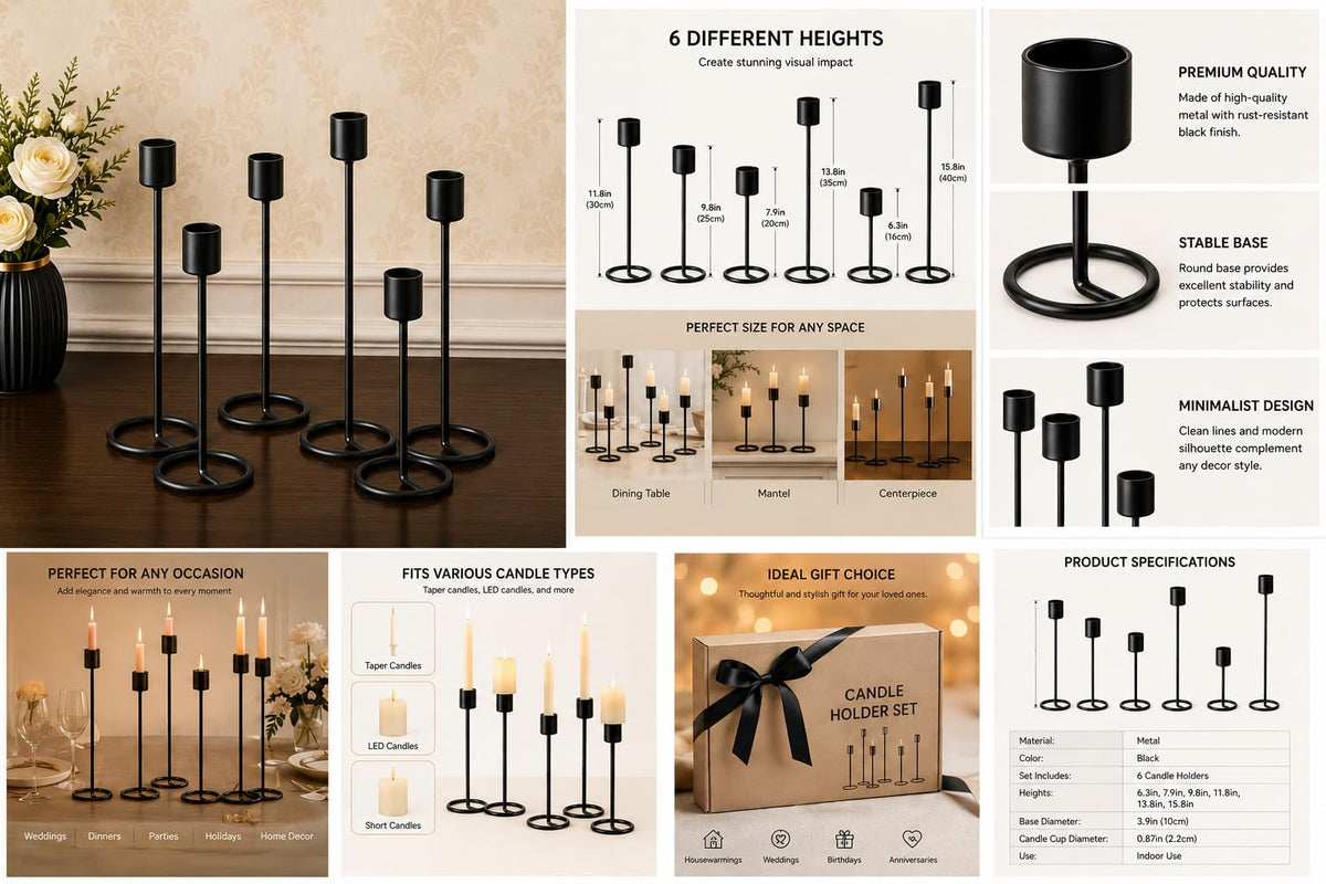The Arts Box Metal Taper Candle Holder Stand Set of 6 Black Candlestick Holders for Dining Table Wedding & Home Decor Modern Tall Candle Stands Multi Height Centerpiece for Living Room & Festive Use
