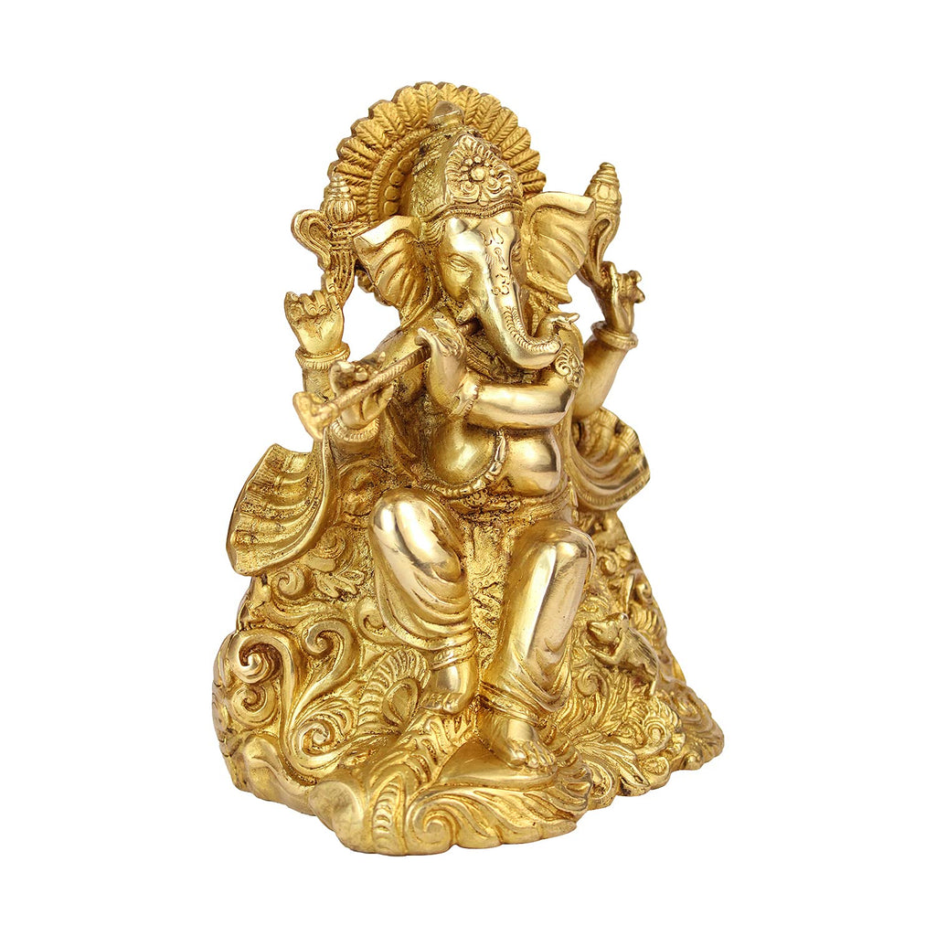 ARTVARKO Brass Ganesha Bhagwan Playing Flute Sitting Ganesh Statue Moorti for Temple Puja Home Office Marriage Gift Size 8