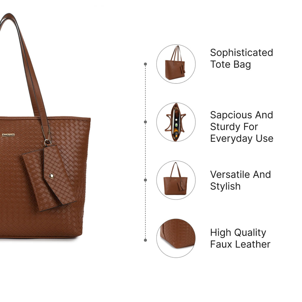 Fastrack Weave Tote | Faux-Leather Women's Tote Bag | Tan totebag with Wallet & Utility Pockets
