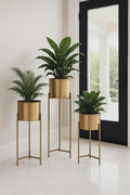 A.M.METAL WORKS Modern Metal Floor Flower Stands Planter for Living Room Bedroom Display Plant Stand Tall Indoor Plant Stand with Planter Pot -Set of 3 gold