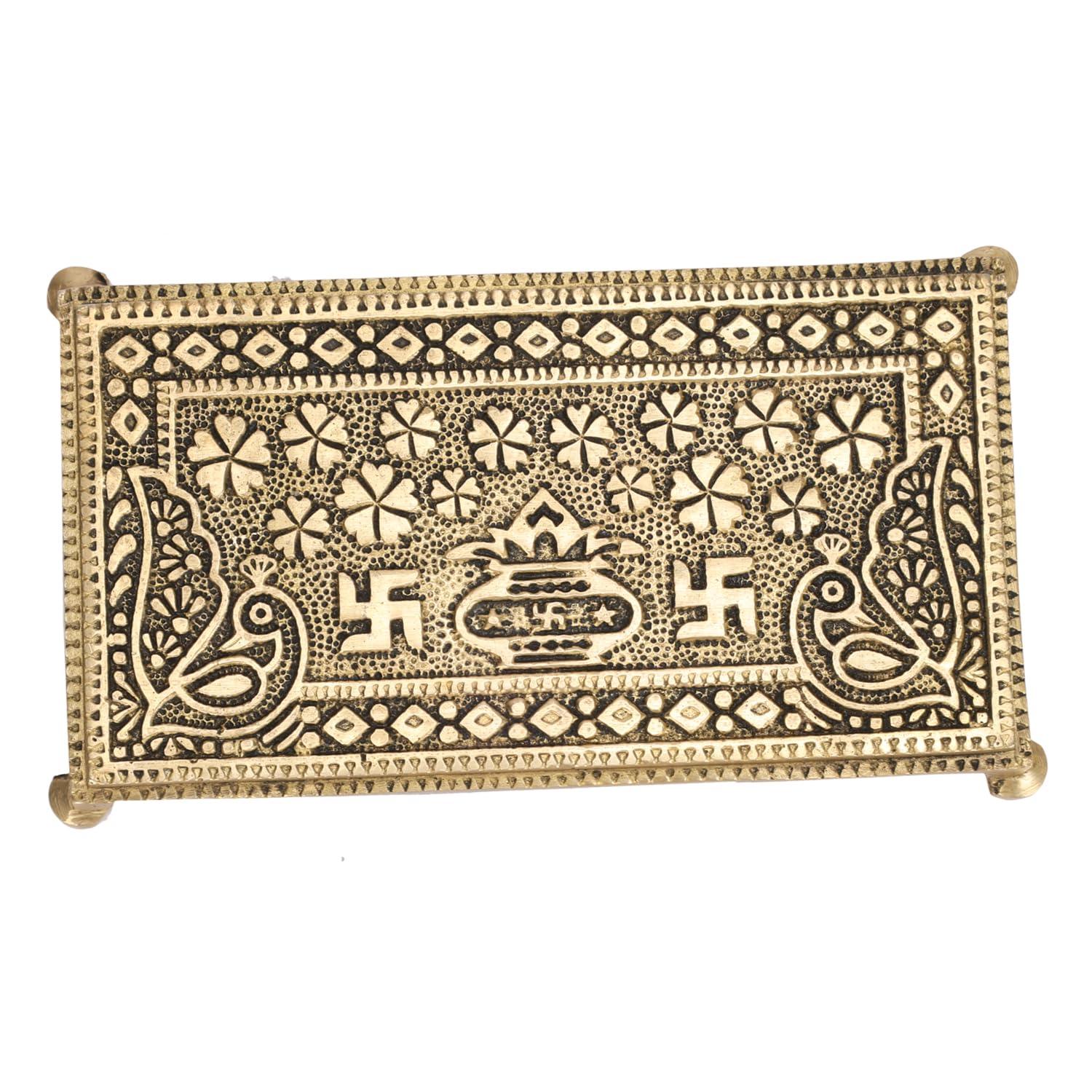 ARTVARKO Brass Traditional Swastik Kalash Embossed Rectangle Chowki Table for God Idols Diya Temple Decor Puja Gift 8 Inch