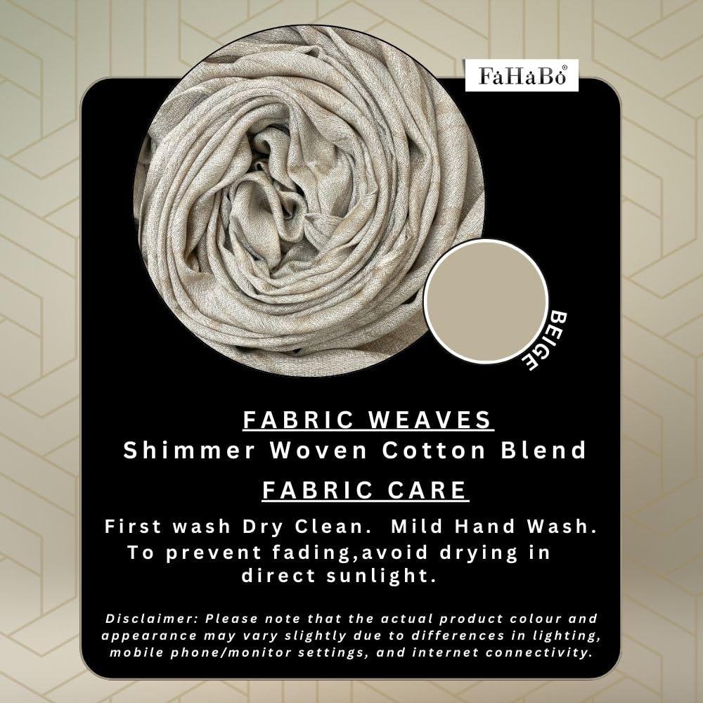 FAHABO Shimmer Geometric Woven Cotton Blend Scarf for Women – Lightweight Hijab & Stole Wrap | 73 x 29 Inches (Beige)