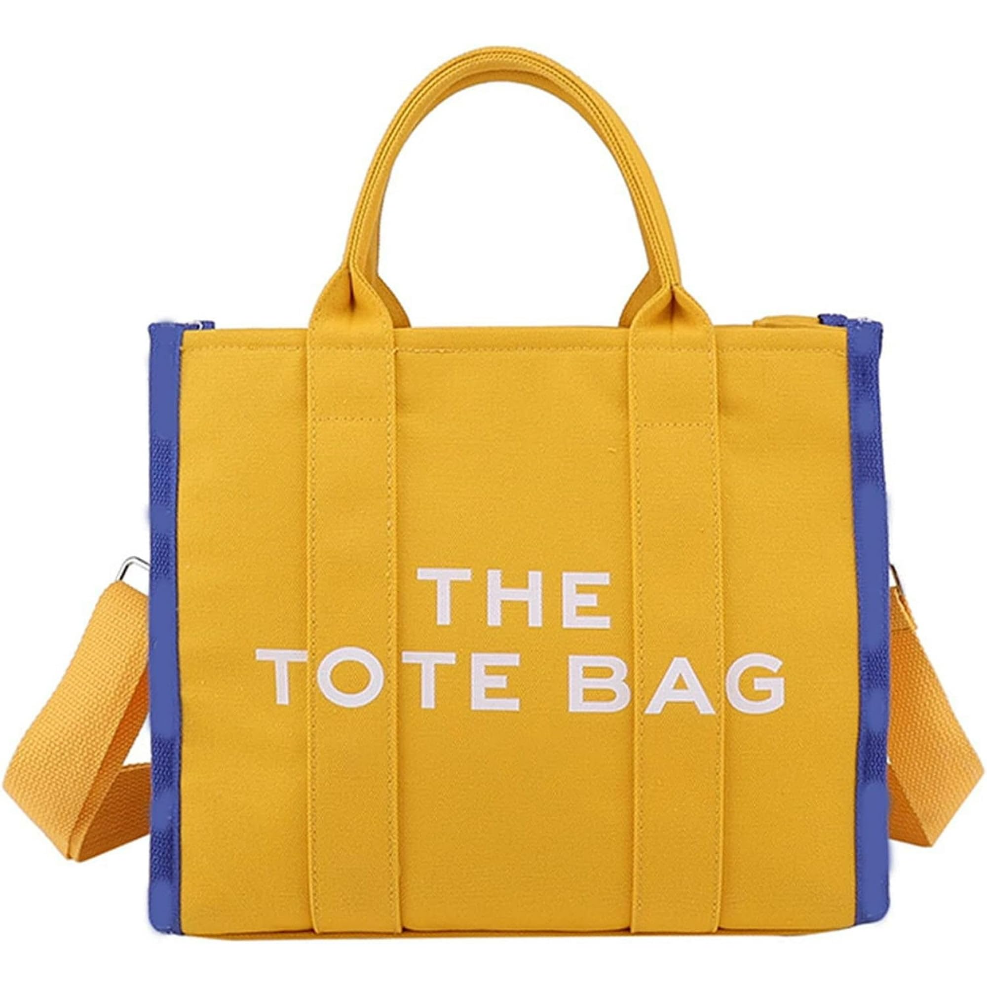 MAIRO LIFESTYLE Women Canvas The Tote Bag with Zipper Small Purse Crossbody Bag Top Handle Traveler Handbag (Yellow with Blue edge)