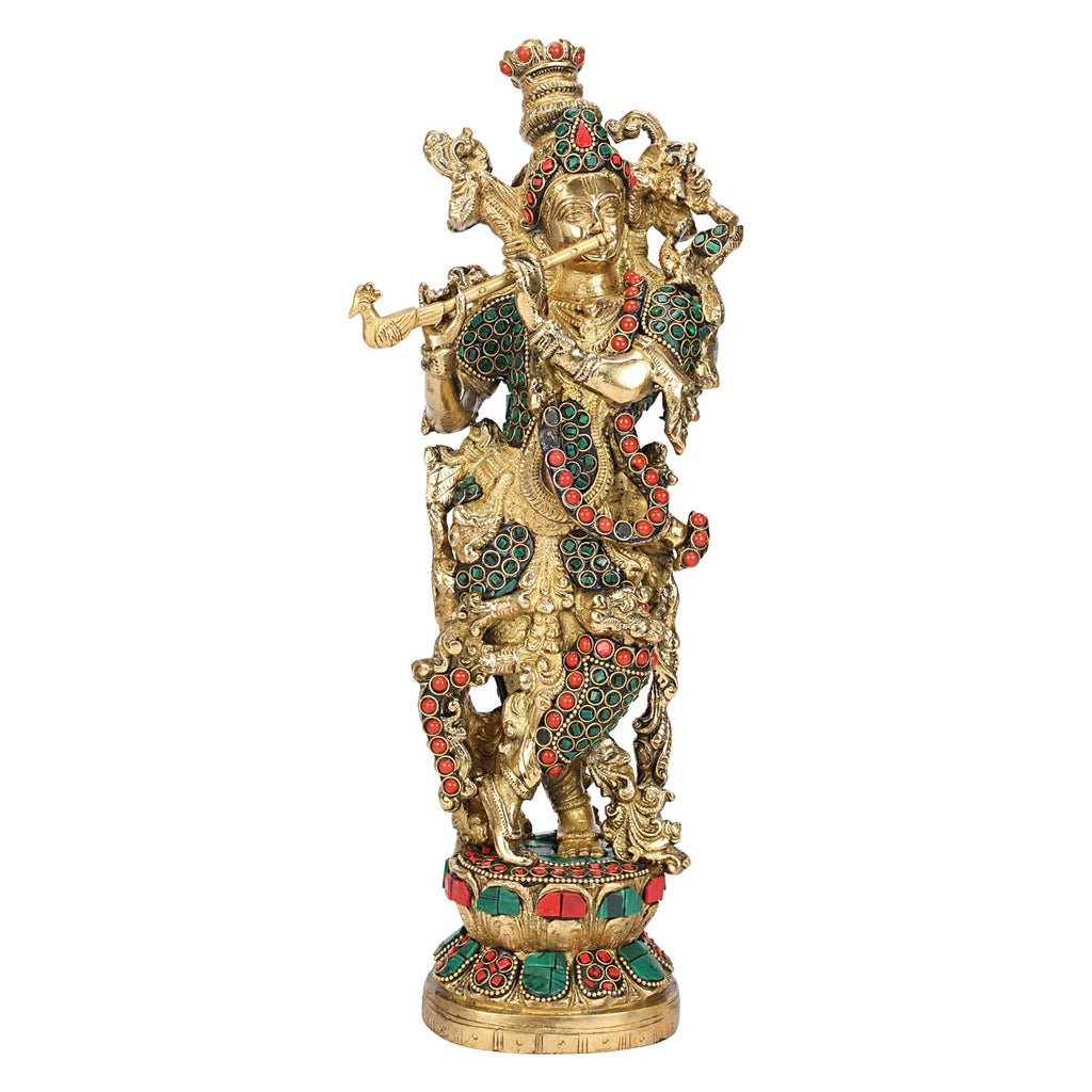 SVARUP Brass Big Size Standing Krishna Playing Flute Murti Decorative Showpiece for Home Office Table Deck Decor and Gift 14 Inch