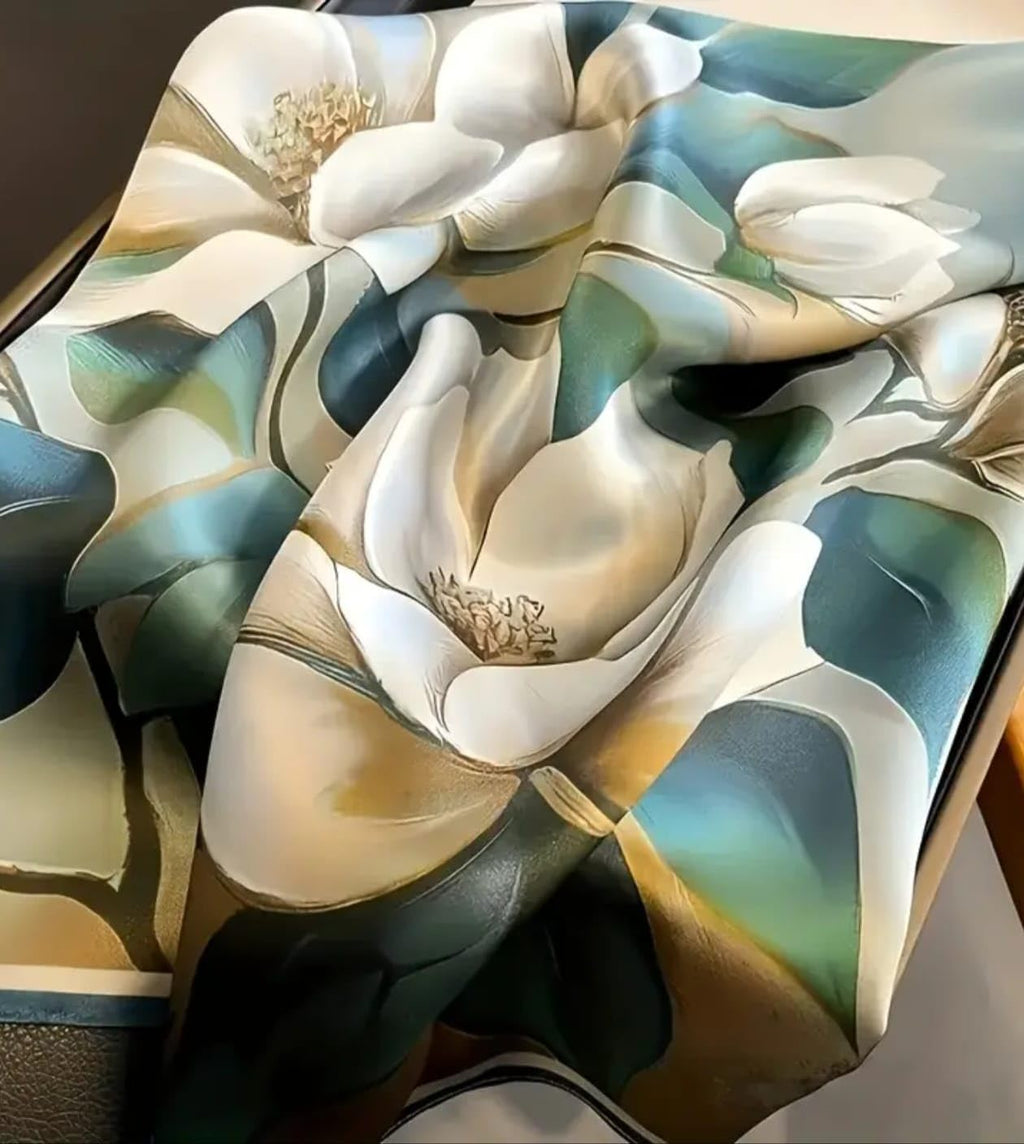 Silk Scarf, Multicolor Abstract Print, White Teal Gold, Square Neck Wrap, Satin Finish