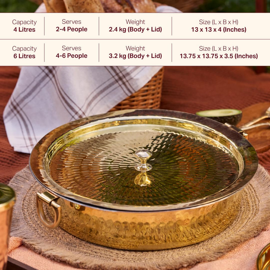 P•TAL Brass Lagan 6L, Tin Coated with Lid 100% Pure Brass Degchi for Cooking 3.2 kg Biryani Handi Ptal Utensils for Kitchen (Free 30ml Copper & Brass Cleaning Solution)