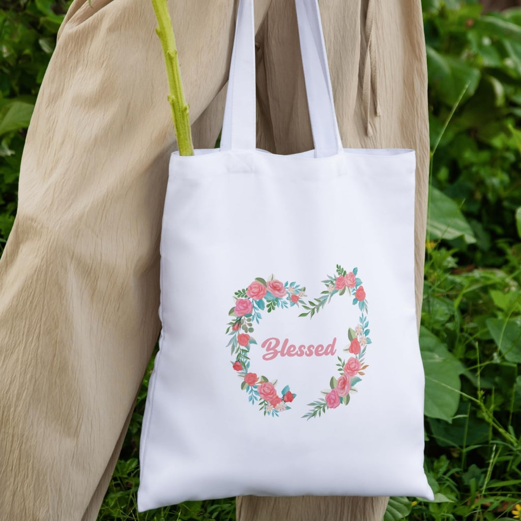 Adorvue Premium Reusable Floral Wreath Blessed Tote Bag Stylish Eco-Friendly Cotton Handbags, Canvas Bags for College, Shopping, Office, Travel, Grocery Runs, Beach Day and Casual Outing Pack of 1