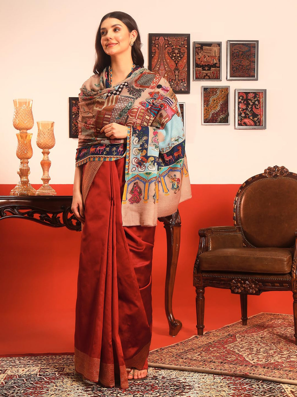 Pashmoda Women Mughal Bagh 100% Pure Wool Fabric Kalamkari Embroidered Shawl (Size: 40x80in, 101x203cm) KAS22