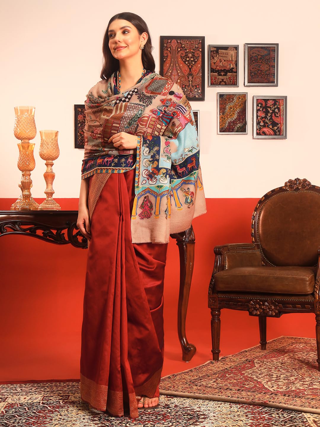 Pashmoda Women Mughal Bagh 100% Pure Wool Fabric Kalamkari Embroidered Shawl (Size: 40x80in, 101x203cm) KAS22