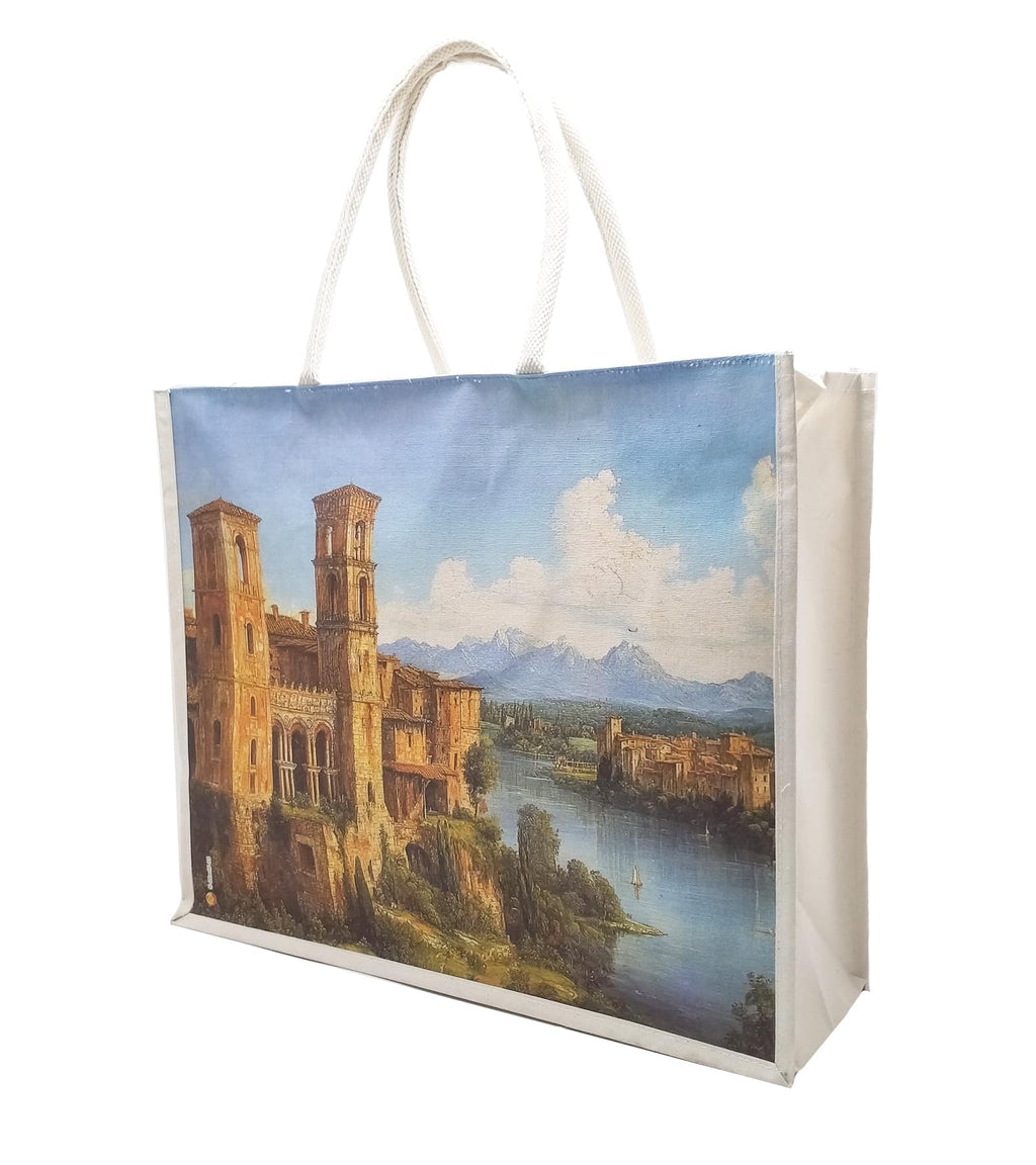 Sangra Large Cotton Canvas Reusable Bags for Travel, Grocery Shopping Bag, Multi-Purpose Bag, Sturdy Handle With Zipper Lock (20 inch X17 inch X7 Inch) (Castle)