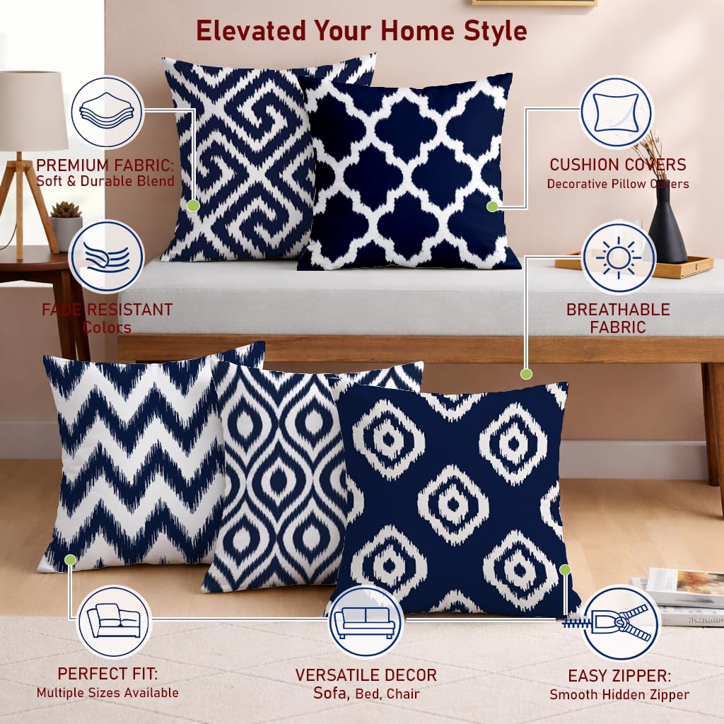 STITCHNEST Set of 5 Polycotton Cushion Covers – 16x16 Inches – Blue & White Ikat Geometric Print – Elegant Cushion Covers for Sofa & Living Room | Perfect for Home Decor