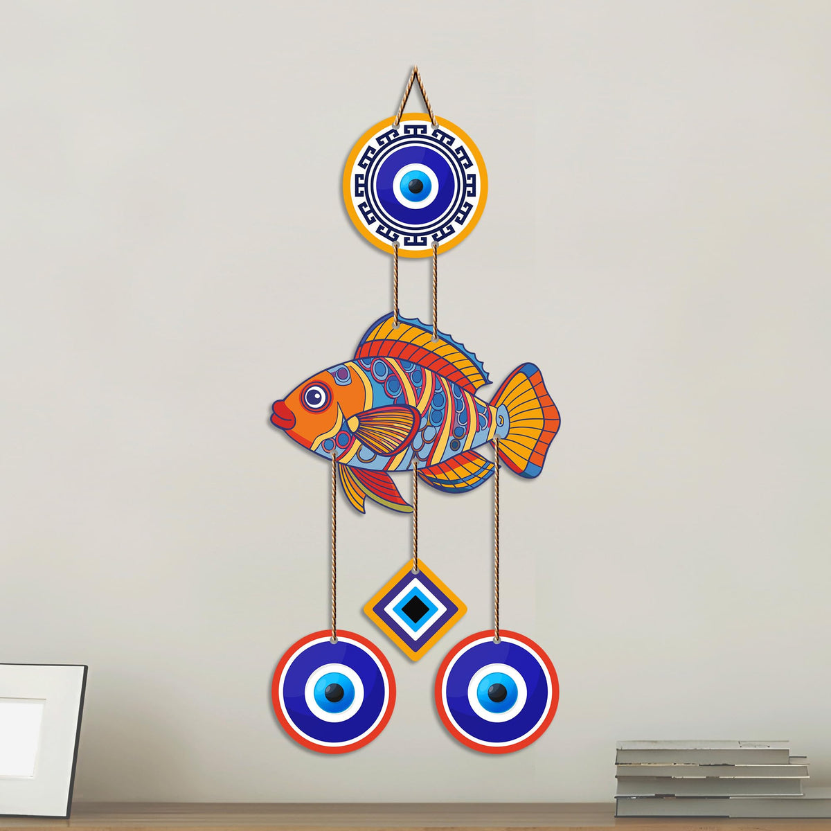 Artvibes Fish Nazar Battu Wall Hanging for Home Entrance | Evil Eye MDF Decorative Wall Art | Vastu Inspired Decor for Living Room | Office | Hallway | Lucky Charm Housewarming Gift (WH_8537N)