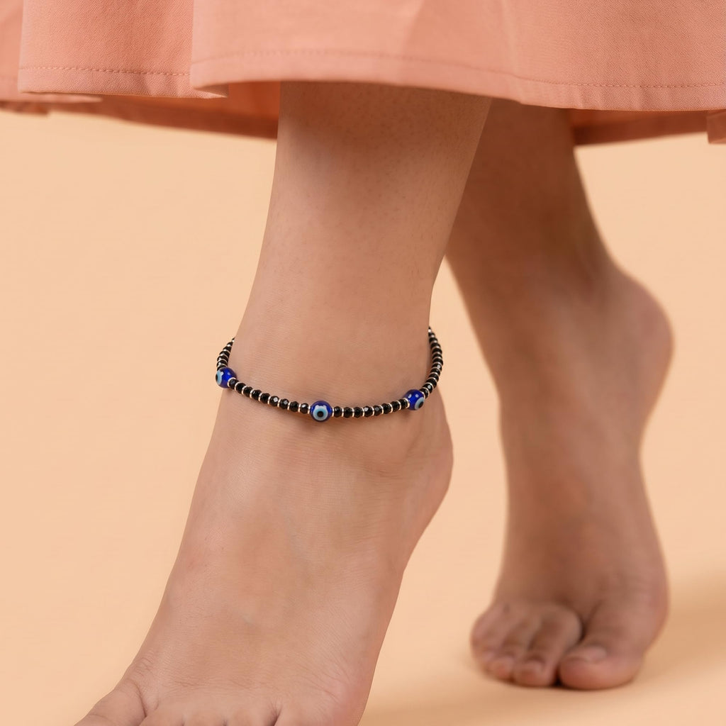925siller Pure 925 Sterling Silver Evil Eye Anklet for Women & Girls | Black Beaded Nazariya Payal | Adjustable Stylish Anklet for Everyday Wear