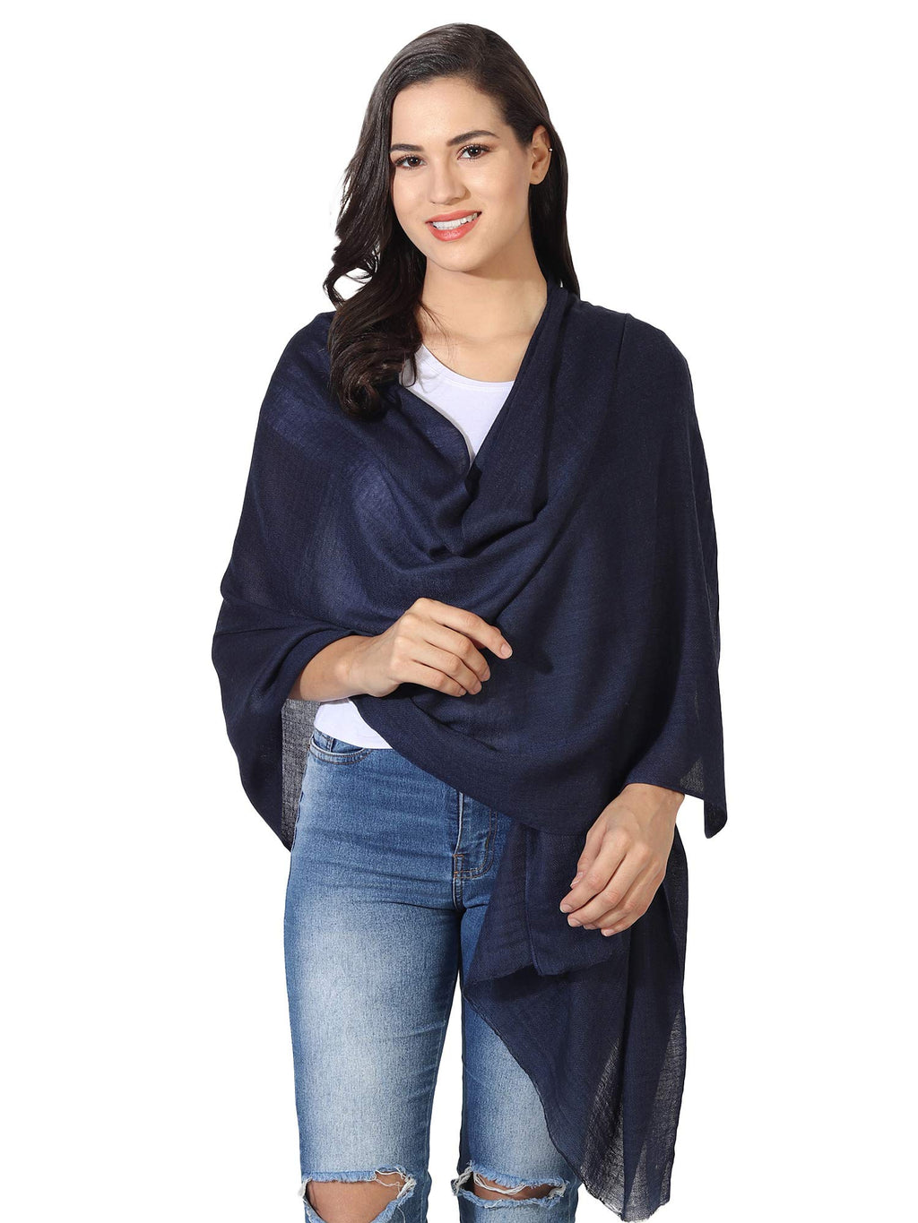 MUFFLY Fine Blended Ultra Soft & Warm Wool Silk Unisex Pashmina Shawl, Stole & Wrap with Hanger (Dark Blue)
